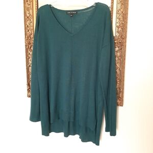 Deep Teal Green V-Neck Long Sleeve Hi-Low Sweater by cable & gauge Sz M womens